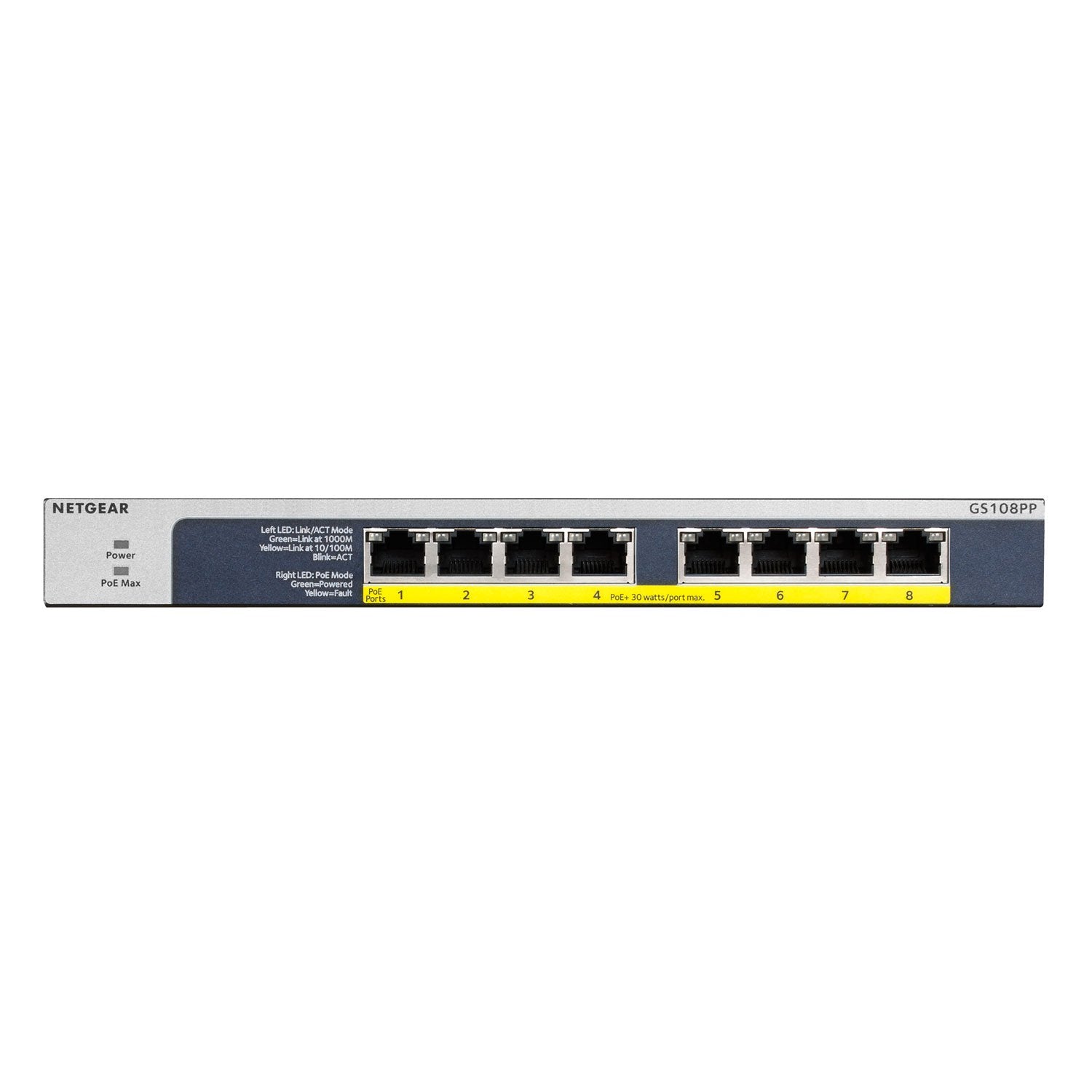 Netgear GS108PP 8-Port Gigabit Ethernet High-power PoE+ Unmanaged Switch with FlexPoE | 123W PoE Budget | Desktop / Rackmount Netgear GS108PP 8-Port Gigabit Ethernet High-power PoE+ Unmanaged Switch with FlexPoE | 123W PoE Budget | Desktop / Rackmount
